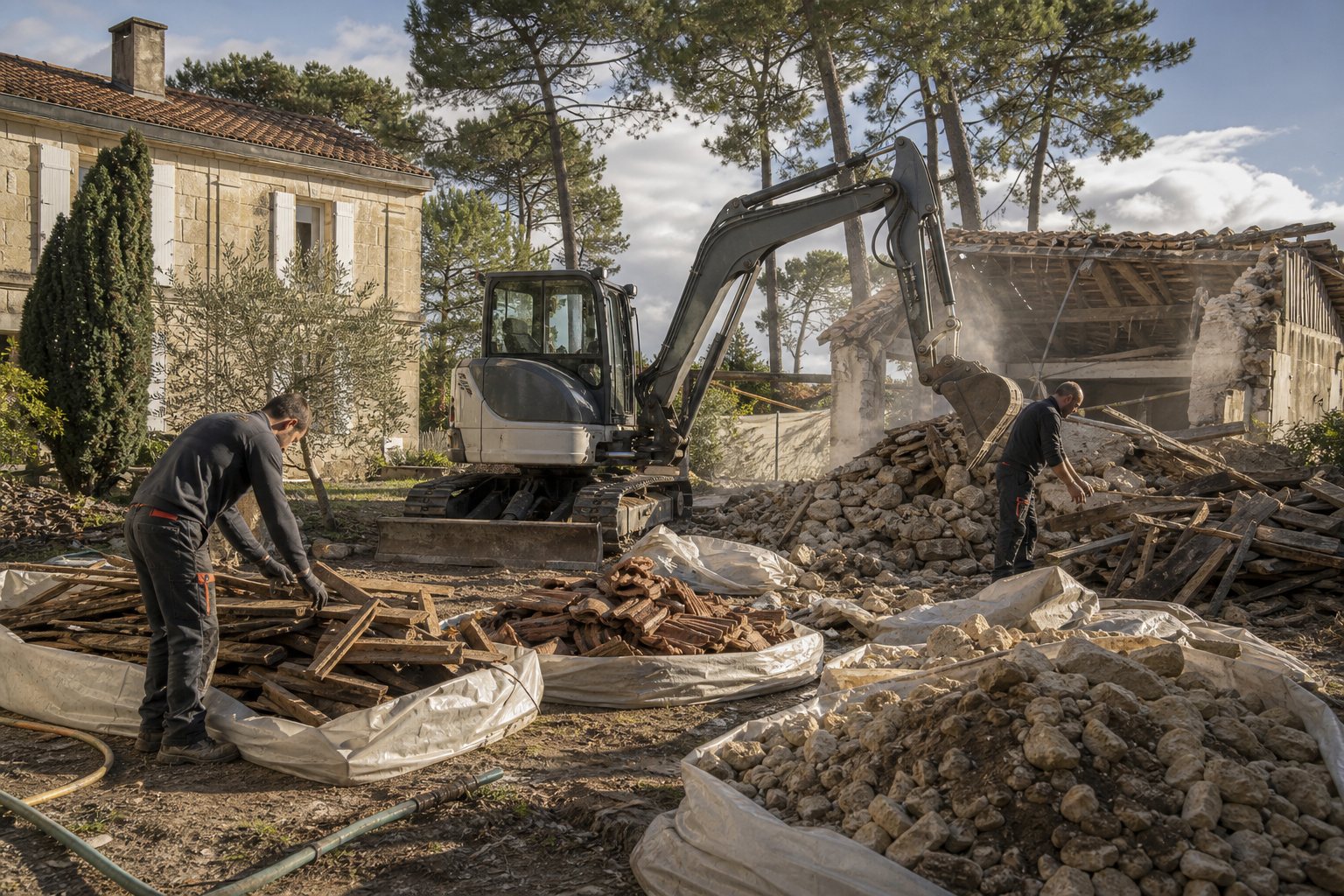 Tri de gravats et terrassement près d'une maison girondine en pierre