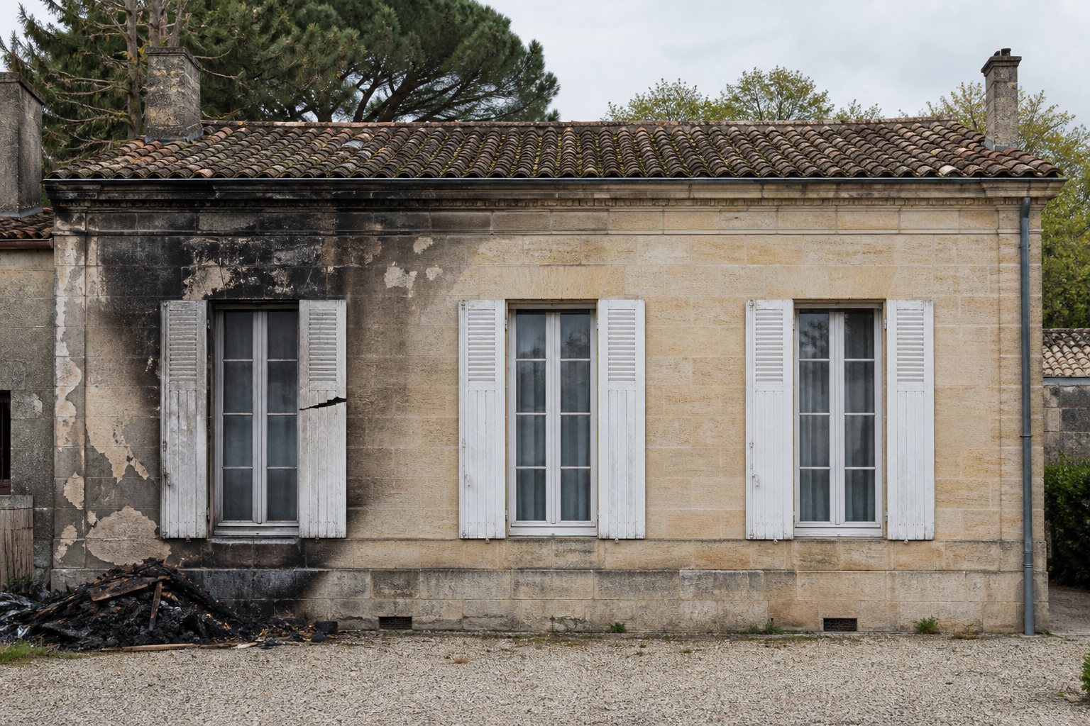 Façade en pierre girondine noircie après un incendie