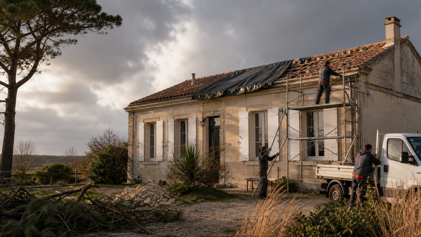 Maison girondine en pierre et toiture en tuiles canal sécurisée après une tempête