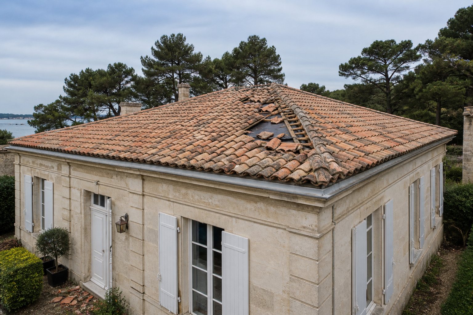 Toiture en tuiles canal endommagée par le vent en Gironde